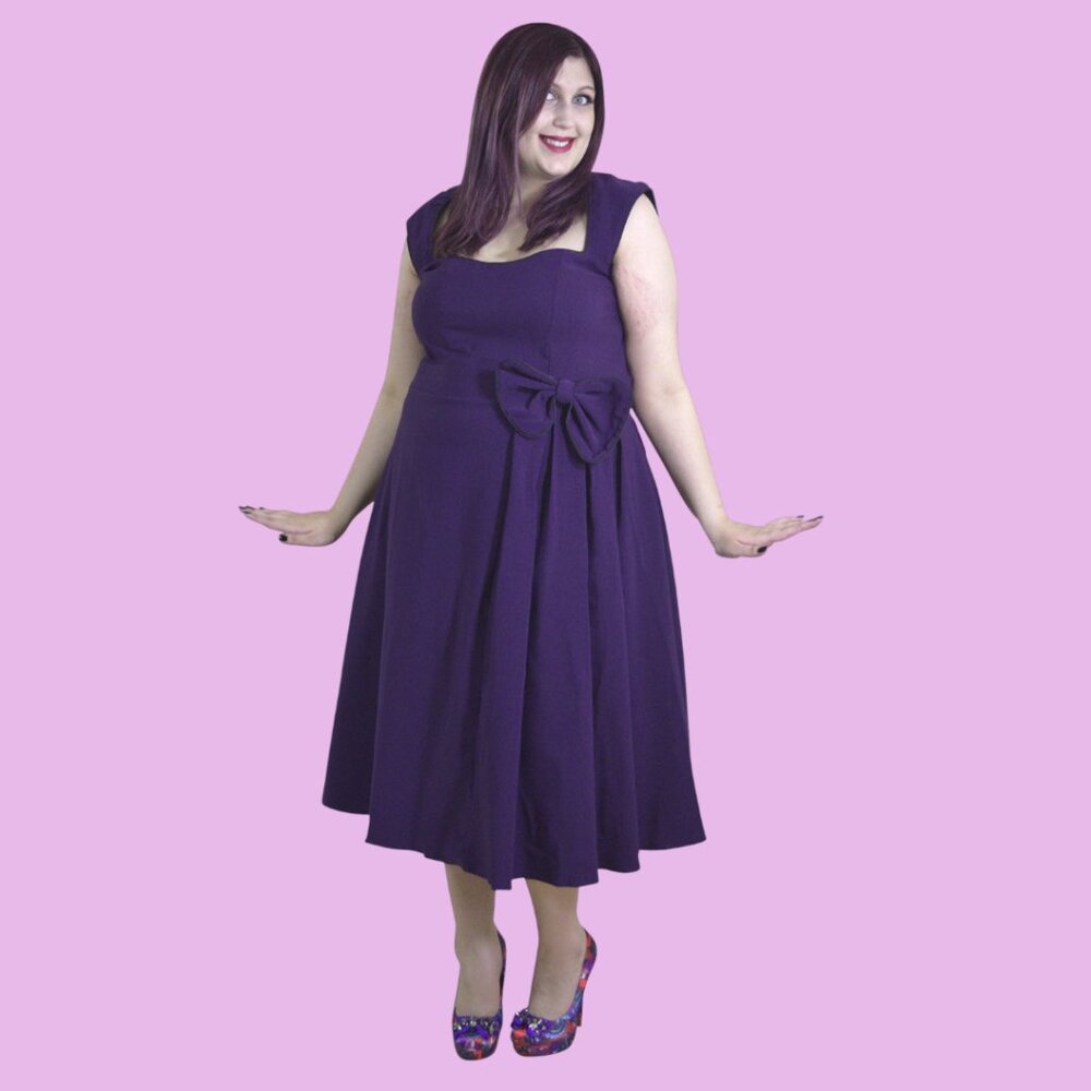 Lindy Bop Purple Retro Flare Dress Rockabilly Vintage Party Graduation Bow Belt